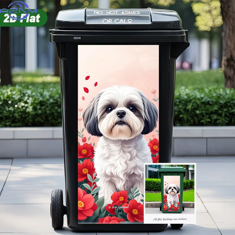 of Trash Can Sticker Measuring 37*82cm / 14.57*32.28 Inches, Featuring a Cute Dog with Red Flowers Design. This Matte Surface