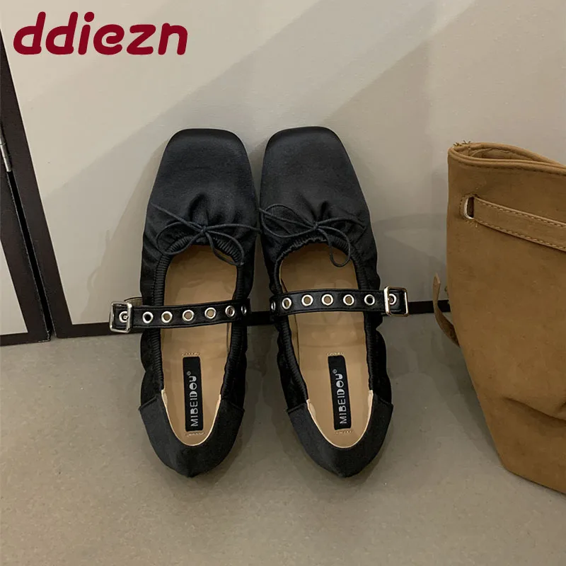 

Модные шелковые женские туфли на плоской подошве с туфлями, женская обувь на плоской подошве с узлом-бабочкой, женская обувь Мэри Джейн на плоской подошве с пряжкой и ремешком, 2025