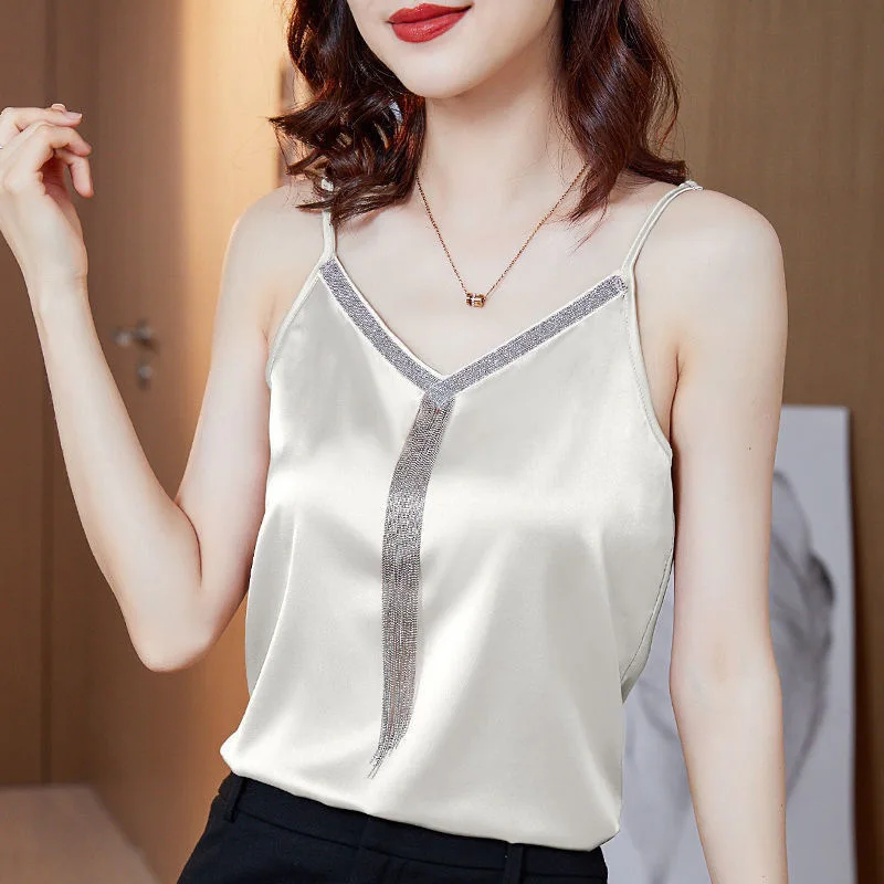 2024 Summer New Women\'s Pullovers V-Neck Sling Solid Color Diamonds Fashion All-match Elegant Loose Comfortable Vests Tops