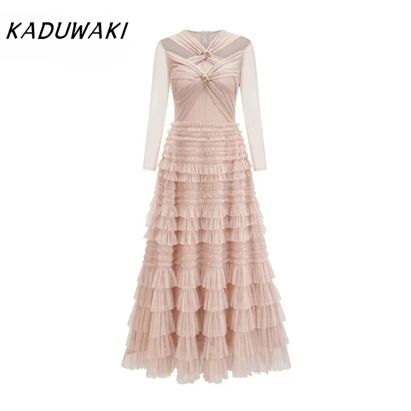 KADUWAKI Fall and Winter Fashion V-neck Long-sleeved Crossover Robe Temperament Elegant Slim Pleated Resort A-line Bodycon Dress