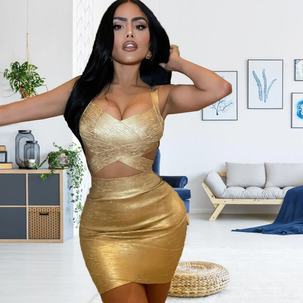 Imagem -04 - Conjunto para Mulheres Mini Ternos de Saia Curta Tops de Espaguete Saia de Bandagem Elástica Elegante e Sexy Dourado e Prateado 2023