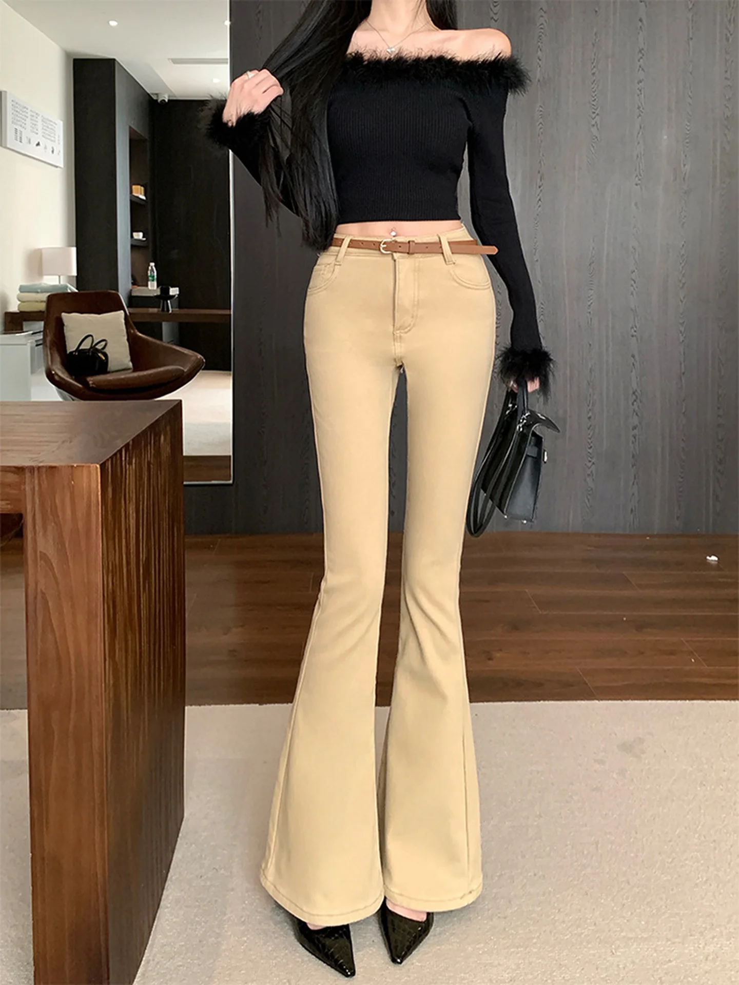 Retro americano tamanho pequeno cor cáqui emagrecimento drapey denim calças femininas outono inverno nova cintura alta perna larga calças compridas