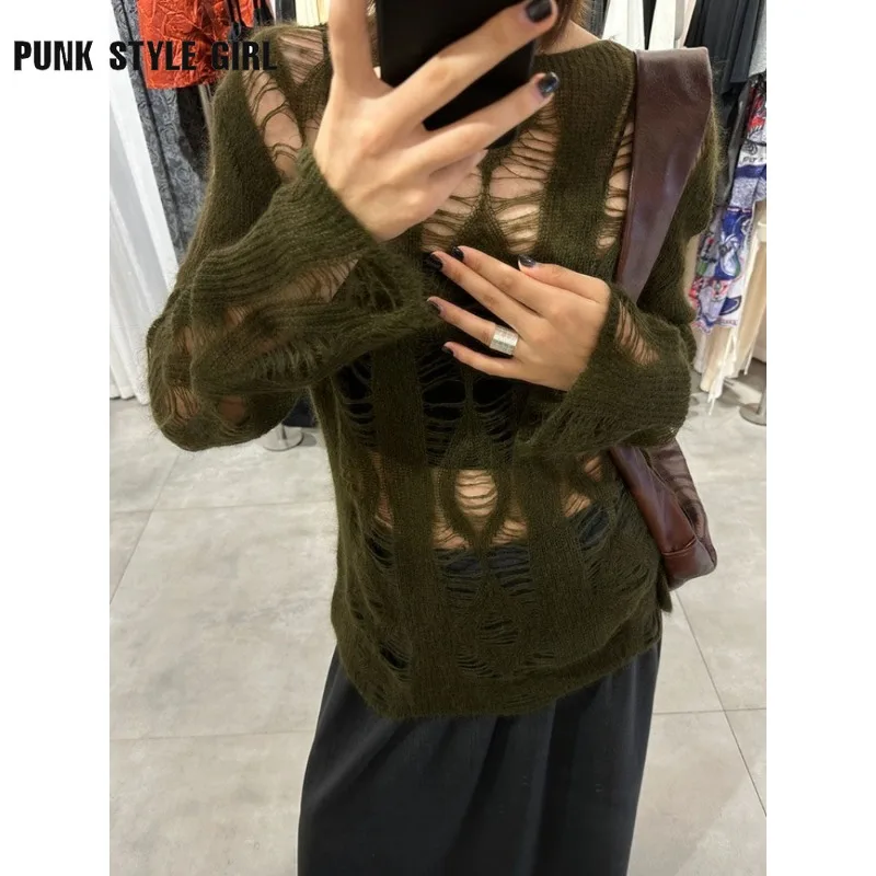 Solid Kpop Y2K Women\'s Sweater Harajuku Knitwear Hole Kint Spring Oversize Jumper Hollow Out Pullovers Vintage Streetwear Gyaru