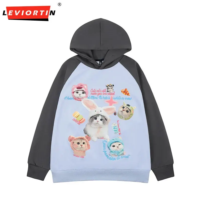 2024 American street cat print hoodie for men and women in autumn China-Chic High Street Couple loose long sleeve top