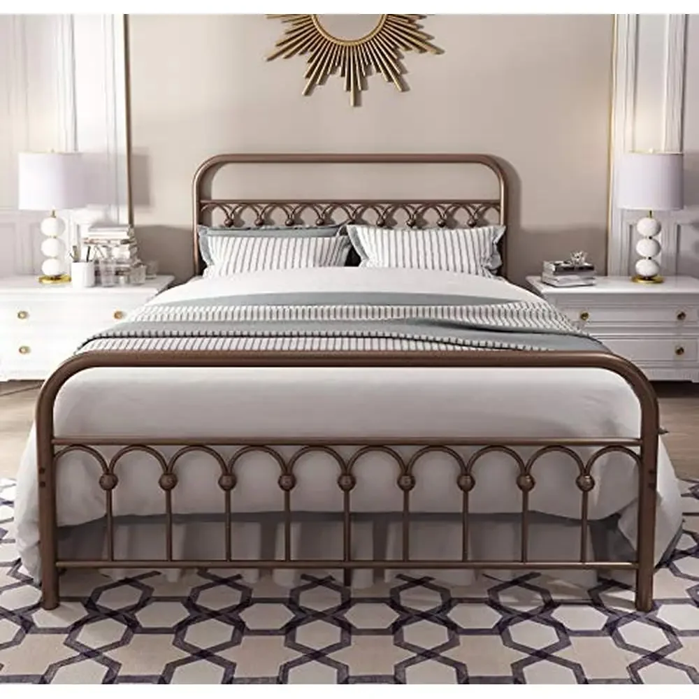 Vintage Metal Queen Bed Frame with Headboard and Footboard No Box Spring Needed 13-Inch High Strong Support Anti-Slip Design