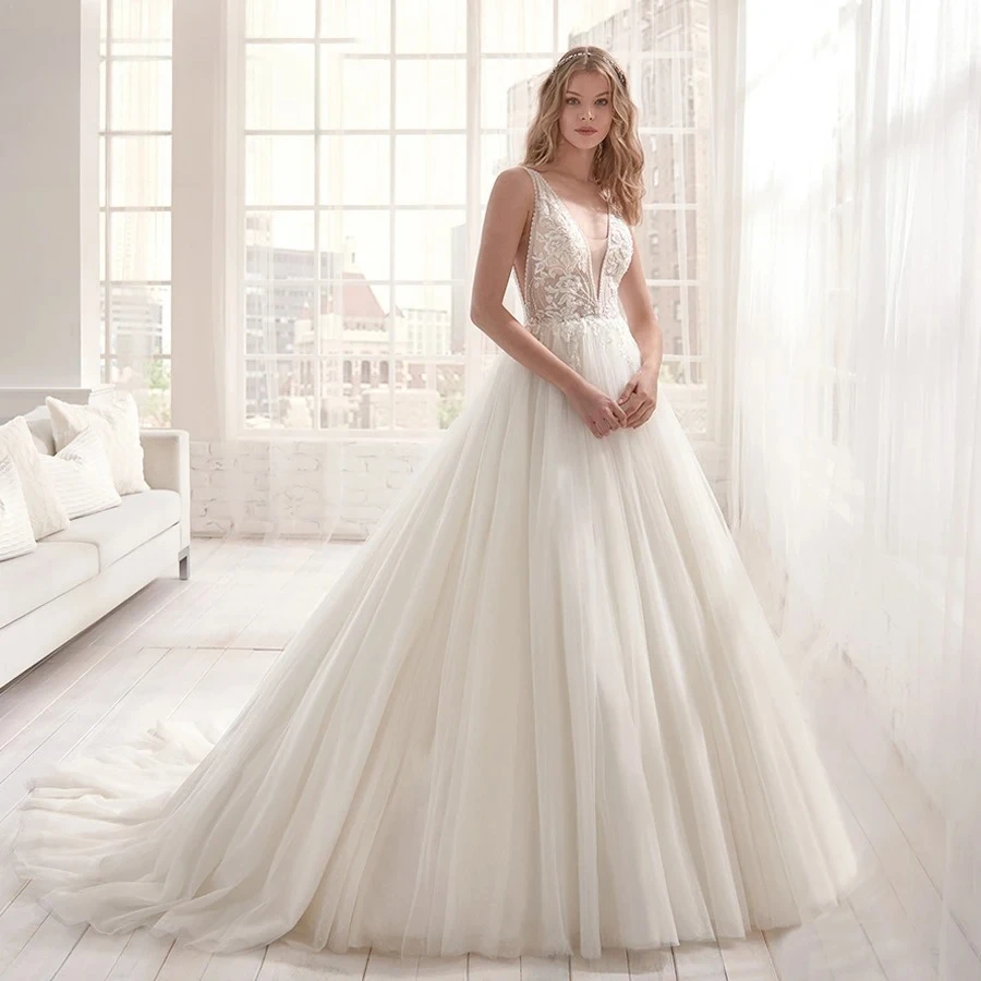 Luxury Wedding Dress Elegant Multi-Layer Lotus Leaf Yarn V-Neck Bead Wedding Gowns Crystal Lace Up Customized Vestido De Noiva