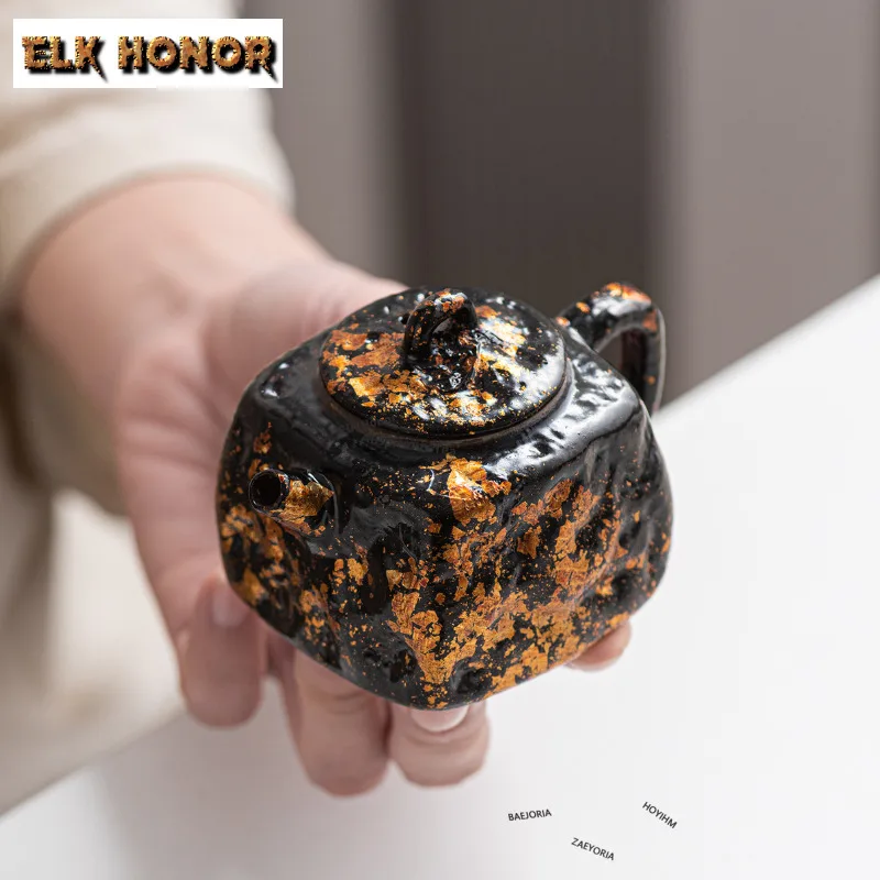 100ml Handmade Lacquerware Gold Foil Pottery Teapot Tea Infuser Square Pot Tea Soaking Kettle With Strainer Tea Ceremony Craft
