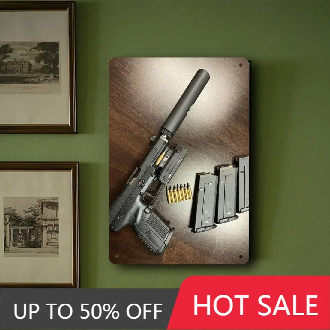 Tinplate Painting- 2D Wall Art Tactical FN Pistol With Silencer And Extra Magazine Wall Art Signage,   Iron Wall Art Signage