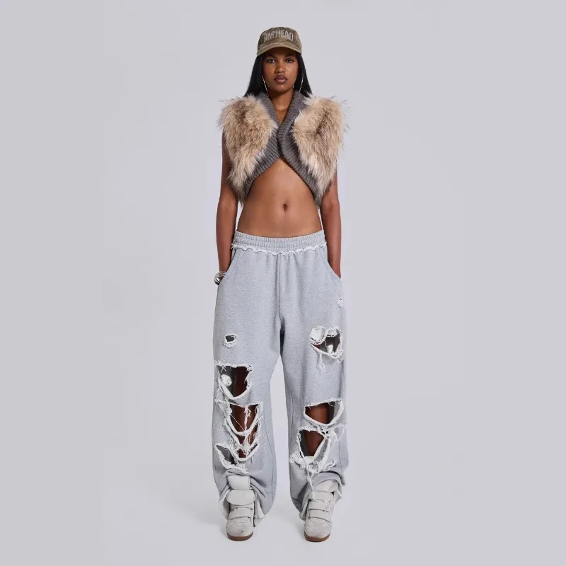 Pantaloni a gamba larga strappati hip-hop da strada alla moda europei e americani in puro cotone Pantaloni sportivi larghi Pantaloni casual da donna