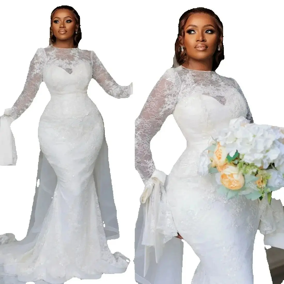 

Customized Scoop Neck Lace Appliques Wedding Dress Vestidos De Novia Long Sleeves Mermaid Vintage African Bridal Gowns