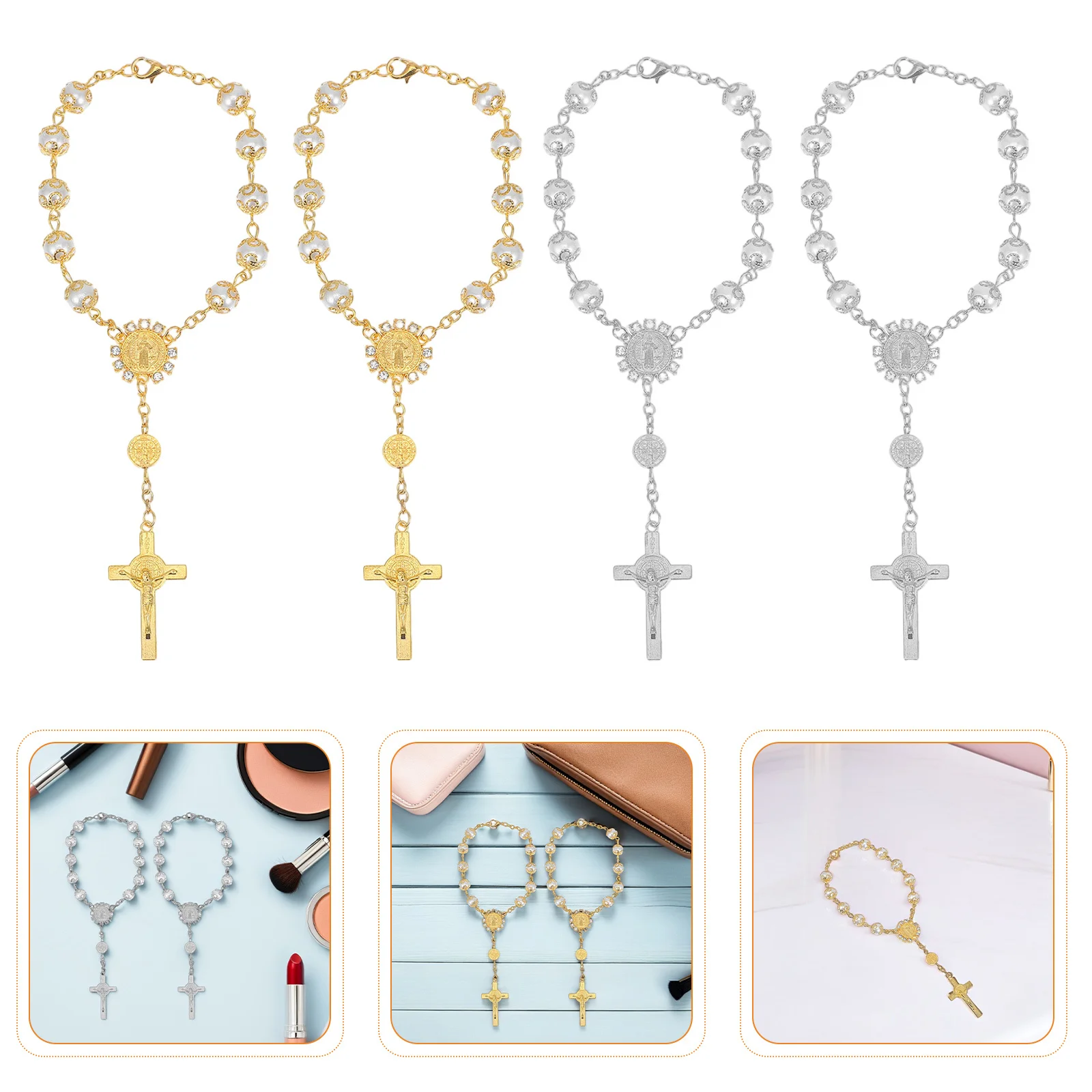 

4Pcs Imitation Pearl Rosary Bracelet Mini Cross Pendant Prayer Beads for Women Inspirational Religious Wrist Chain Baptism Gift