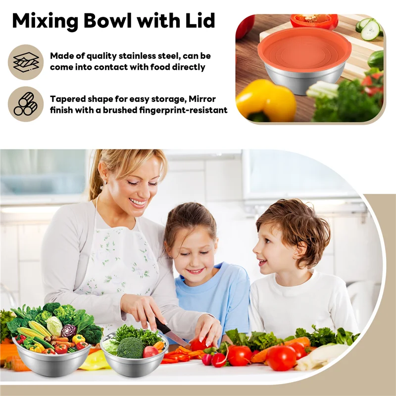 MAKE-ミキシングボウル 蓋付き 5個セット ステンレススチール ネストサラダボウルセット 調理、ミキシング、サービング用