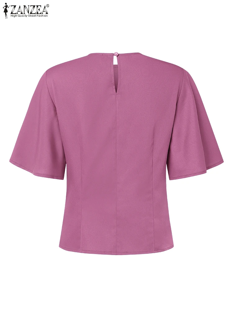 ZANZEA Mode Elegante Frauen Büro Dame Bluse 2025, Sommer Shirts Kurzarm Einfarbig Tunika Tops Rüsche Hülse OL Blusas