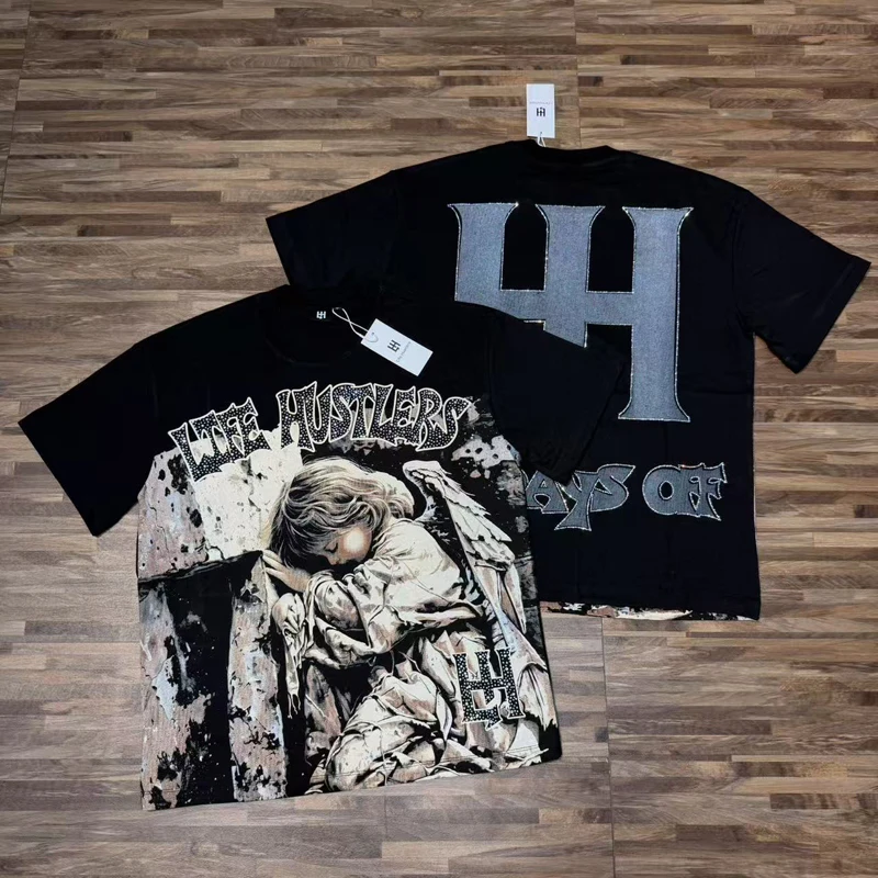 Europe America Streetwear Life Hustlers T-Shirt High Quality Hip Hop Bulldog Pattern Rhinestone Short Sleeve Men Women