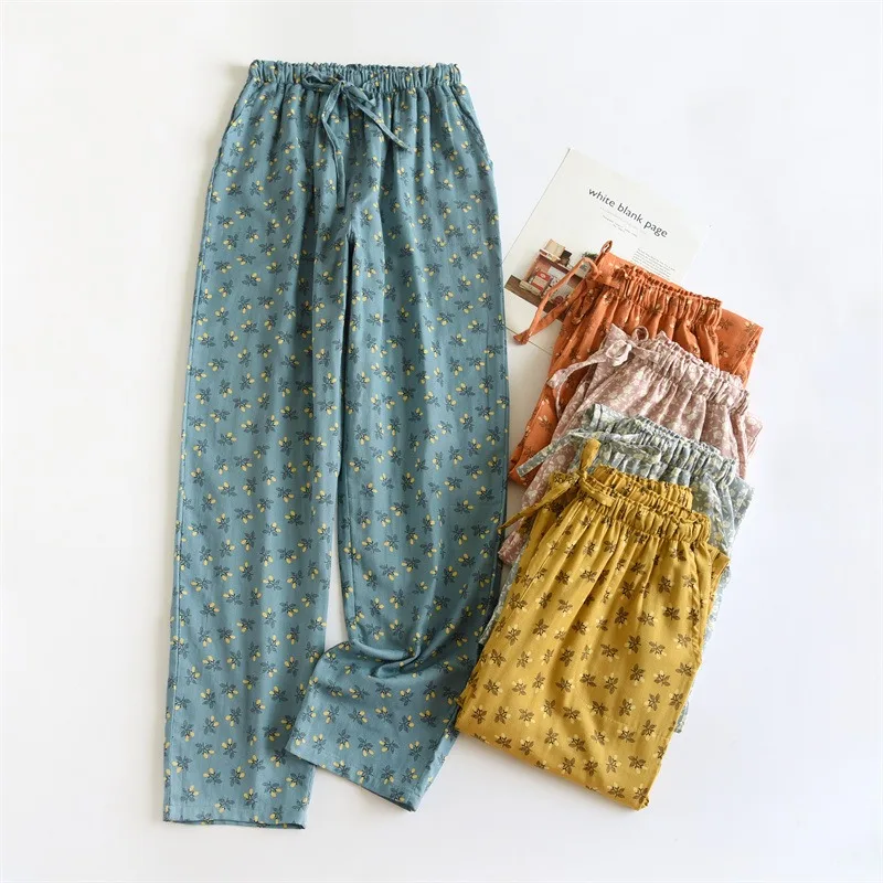 Floral Loquat Print Thin Spring Autumn Pajamas Pants For Women Bottoms Cotton Trousers Home Pants Room Wear Ladies For Sleep