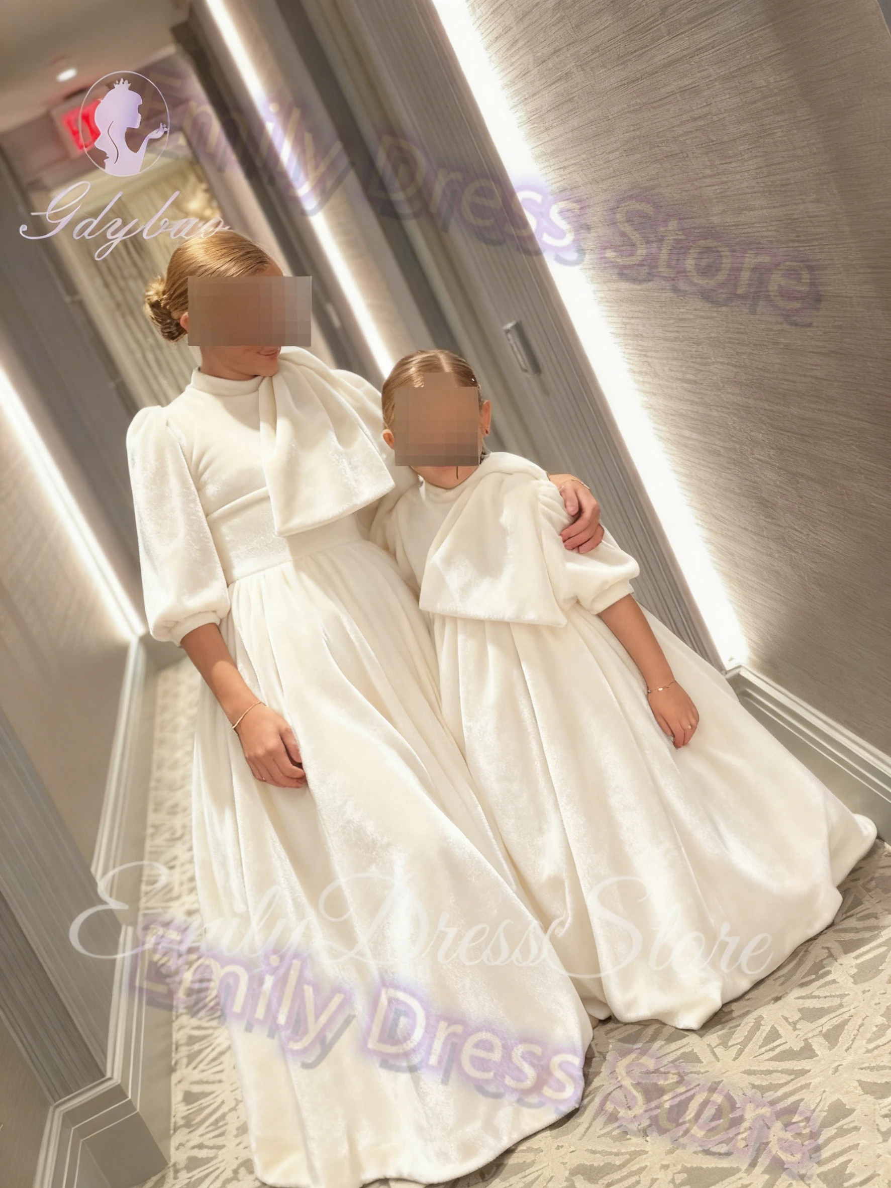 Customized Ivory Velet Flower Girl Dress For Wedding High Neck Puffy Bridesmaid Kids Birthday First Communion Ball Gown