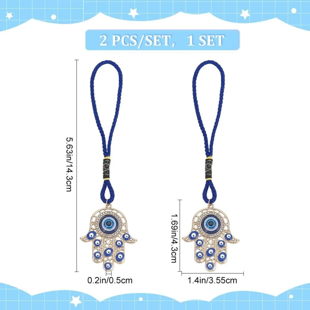 2pcs Hamsa Hand Amulet Pendant Hand of Miriam with Hanging Ornament Pendant Decorations Blue Lucky Protection Alloy