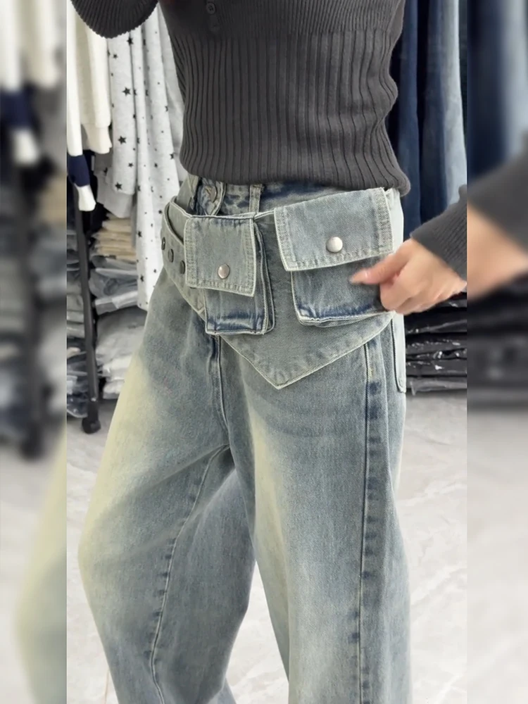 Retro American Splice Denim Pants Women's Hot Girl Design Sense Fashionable All-Match Floor-Length Pants Multiple Pocket Wais...