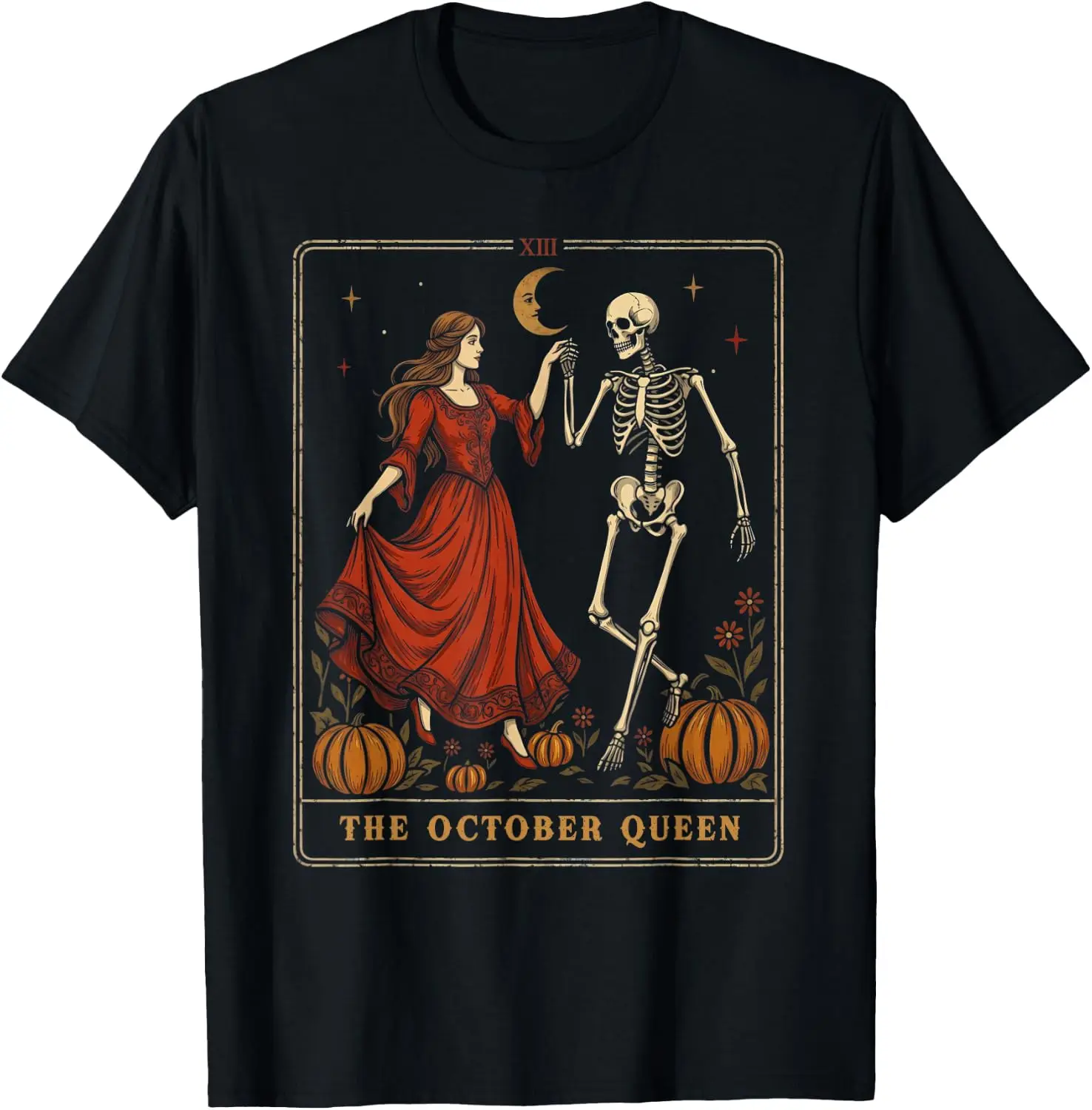 The October Queen Vintage Halloween Skeleton Tarot Card T-Shirt Breathable, heavyweight pure cotton short-sleeve top—stylish, plus-size, and suitable for year-round wear with a sporty, casual vibe