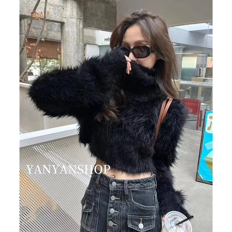 

Women Fashion New Style Design Sense Solid Color Long Sleeves Knitted Cardigan Hairy High Neck Warm Short Sweater Autumn Winter