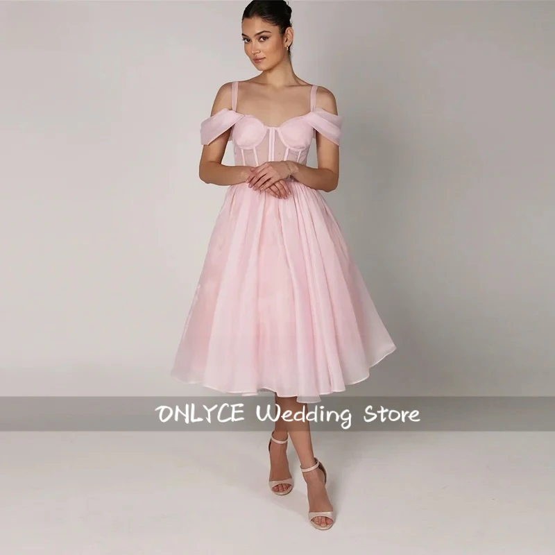 

Pink Organza Prom Dress Spaghetti Straps Elegant Evening Dresses A Line Backless Women's Wedding Party Attire Customized