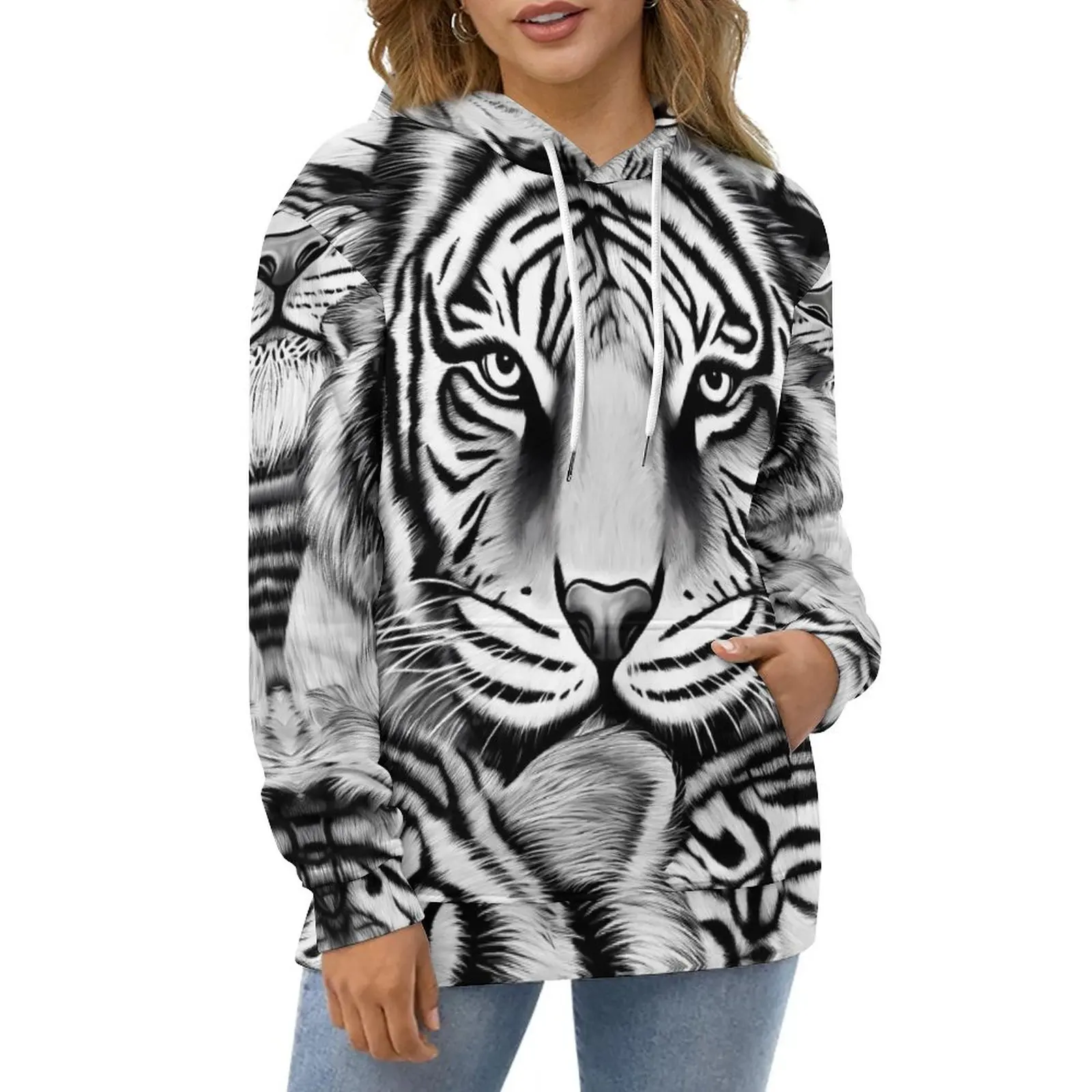 

Black And White Tiger Hoodies Long Sleeve Retro Animal Casual Pullover Hoodie Autumn Streetwear Design Loose Hooded Sweatshirts