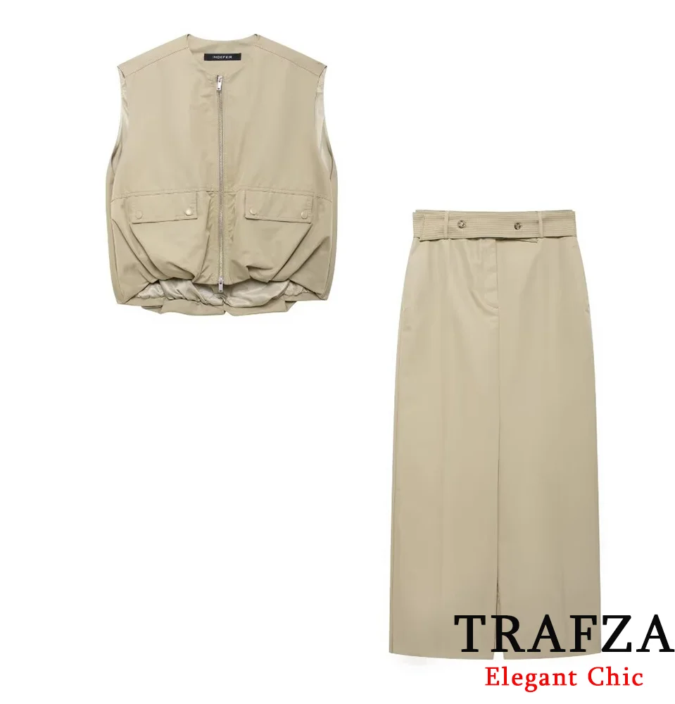 TRAFZA Fashion Spring Autumn Casual Solid Vest and Skirts Suit Pleated Pocket Vest and Straight Belt Long Skirt Commuter Suit