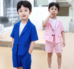 Boys Summer Royal Blue Suit Kids Jacket Shorts 2Pcs Photograph Suit Children Birthday Graduation Wedding Performance Party Dress