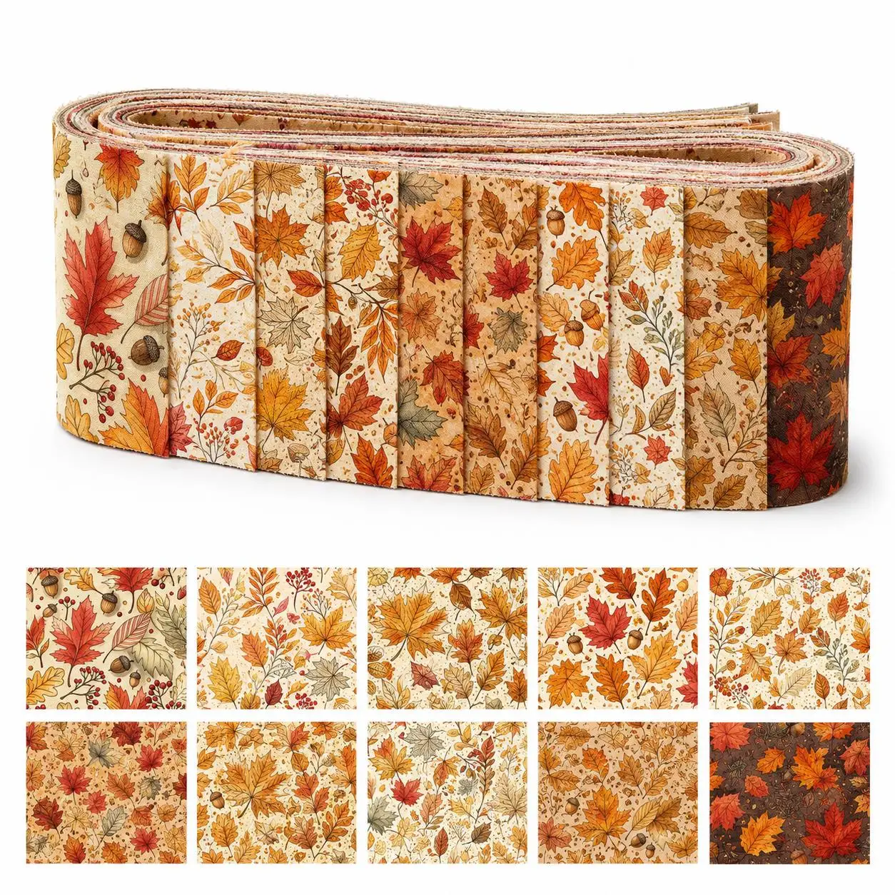 10pcs Vintage Maple Leaf Autumn Jelly Roll Fabric Strips Pre-Cut  Polyester For Patchwork Quilts Table Runners Placemats ToteBag