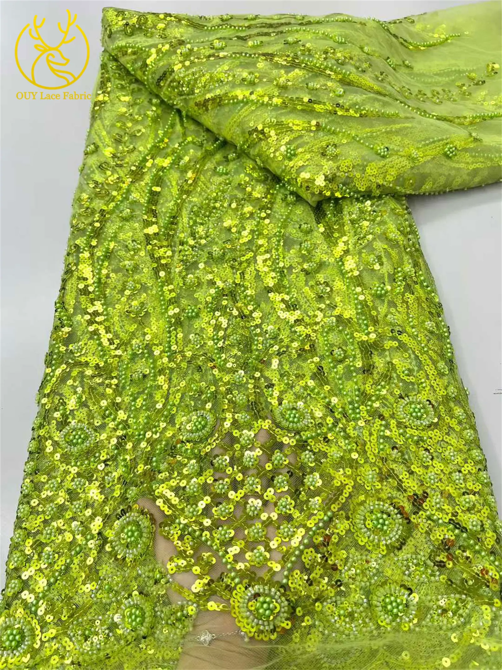 5 Yards afrikanischer, lindgrüner Perlen-Pailletten-Spitzenstoff 2026, königlicher französischer Pailletten-Tüll-Spitzenstoff für Damen-Partykleider, Nähmaterial – Detail 4