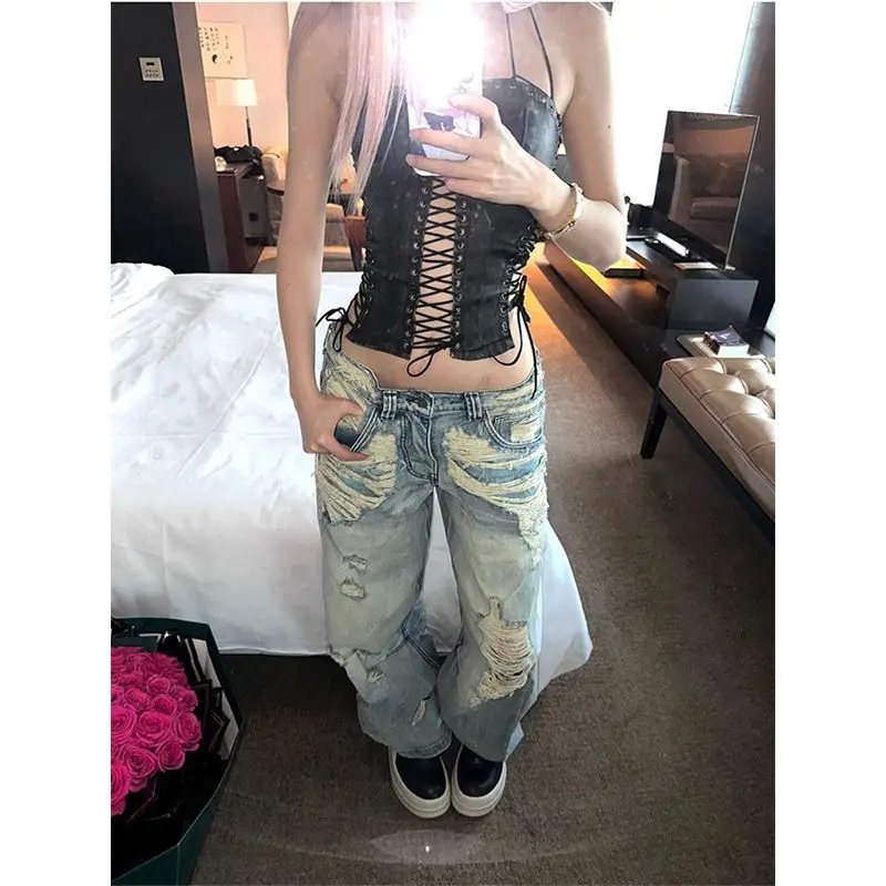 Damskie jeansy vintage z przetarciami w stylu amerykańskim High Street na rok 2025, nowe, z niskim stanem, retro, proste nogawki, spodnie do ziemi, odzież damska.
