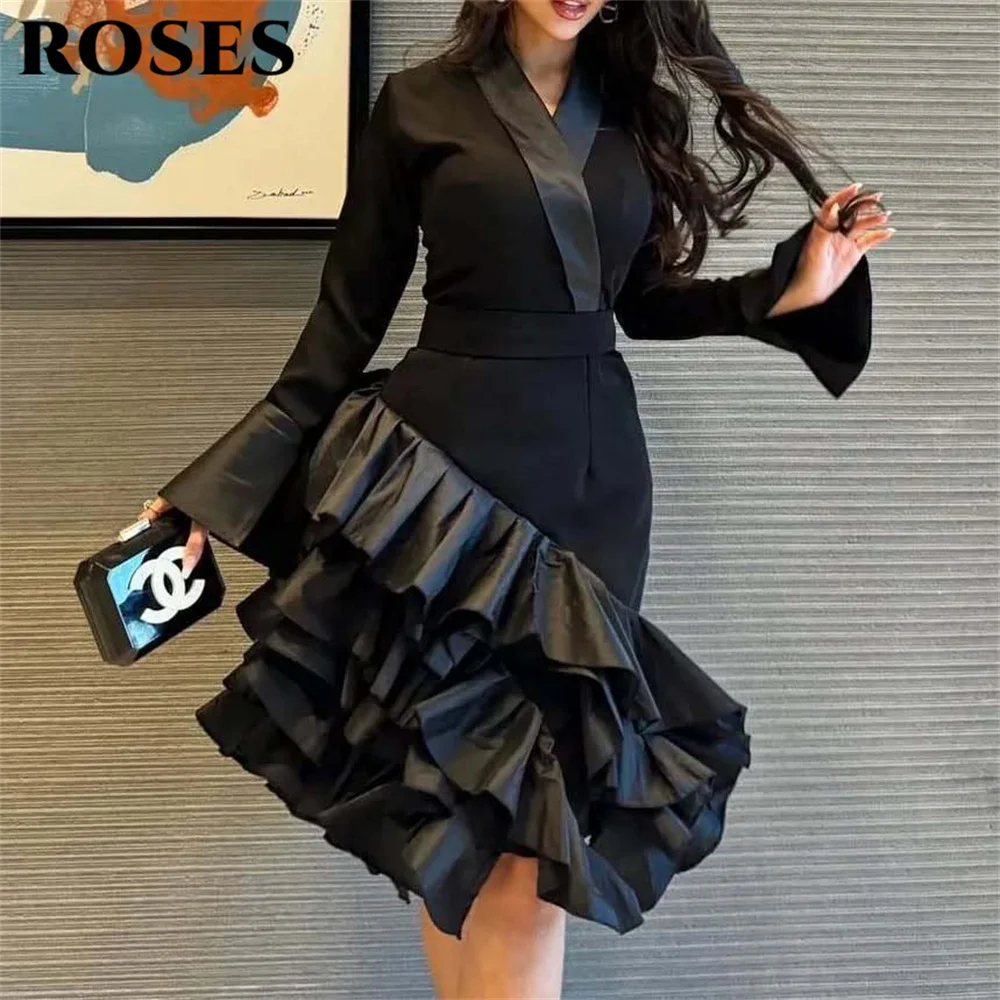 

ROSES Black Mermaid Formal Dress Stain V-Neck Party Dress for Wedding Tiered Full Sleeve Occasion Dresses فستان سهرة Customized