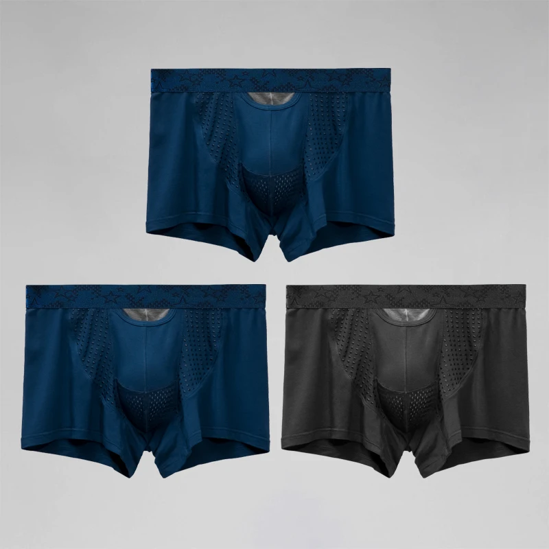 3 قطع ملابس داخلية منفصلة للرجال، سراويل سفلية من الوريد لدعم الصفن، سراويل رياضية ذات زاوية مسطحة منحنية من الحرير الجليدي