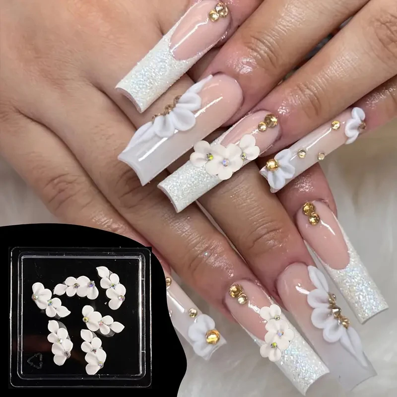 5Pcs 3D Handmade Side Acrylic Flowers With Pearl&Pile Diamond White Carving Floret Aurora Shell White Scale Flowers