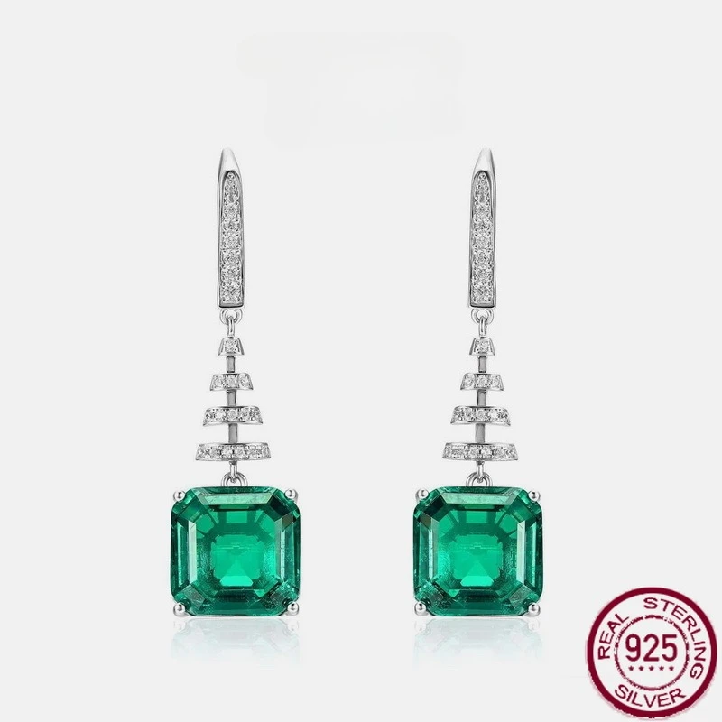 

New S925 pure silver light luxury emerald square diamond inlaid with cracked wrapped gemstone earrings, wedding jewelry