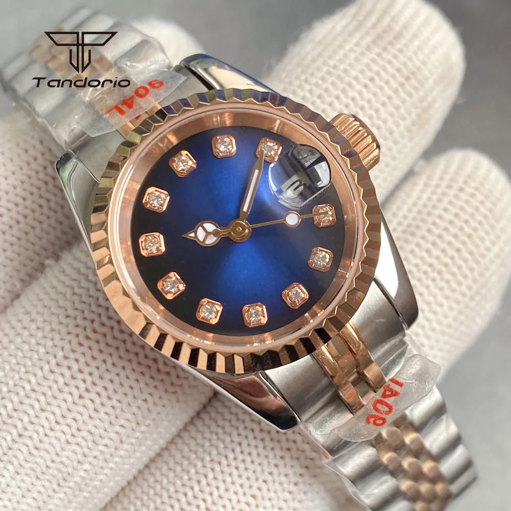 Fashion Two Tone 26mm Lady Wristwatch NH05 Rose Gold Steel Automatic Watch for Women Diamond Marks Date Sapphire Blue Sunburst