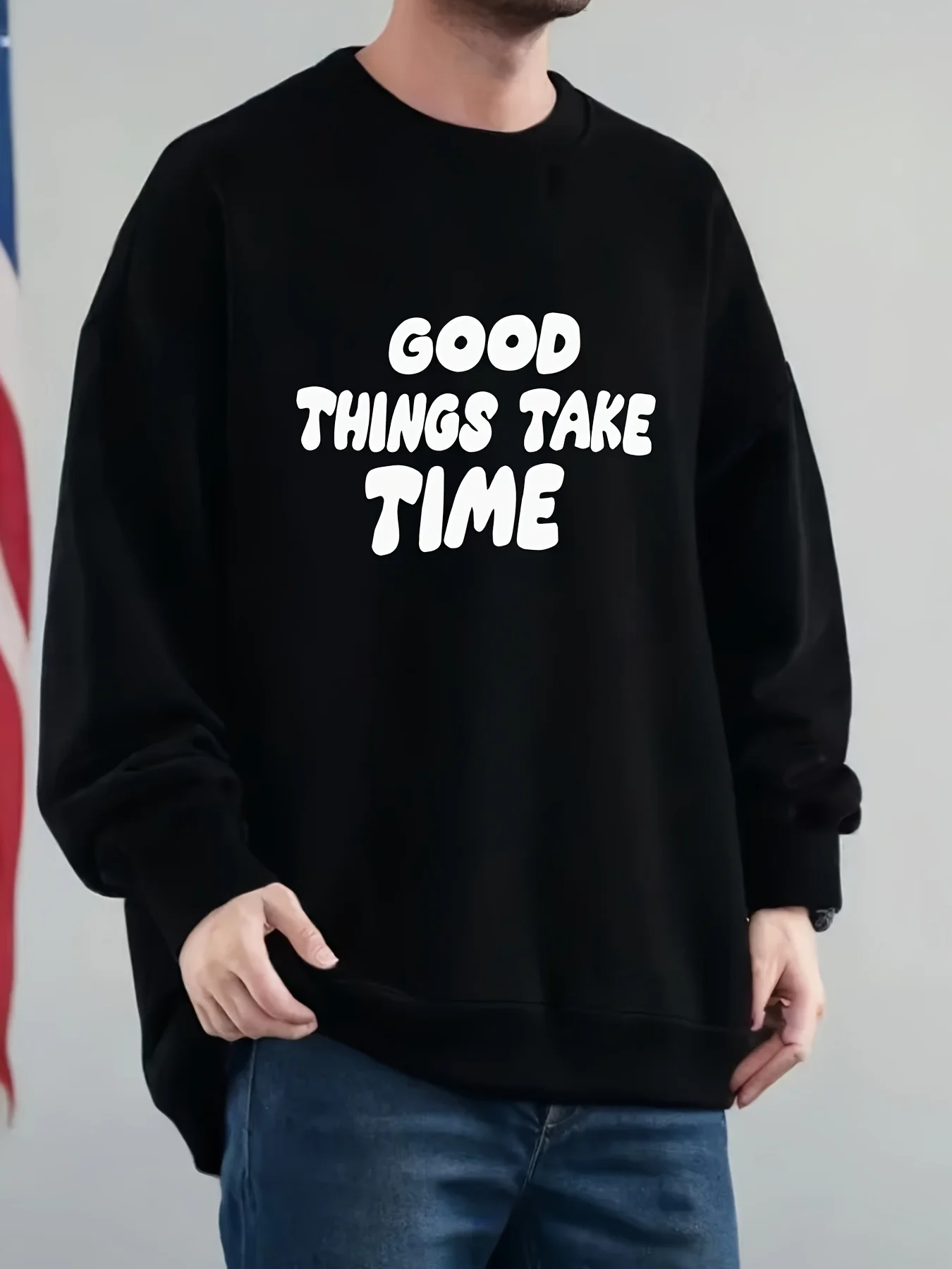 

GOOD THINGS TAKE TIME - Мужская толстовка большого размера с заниженными плечами и круглым вырезом в стиле оверсайз