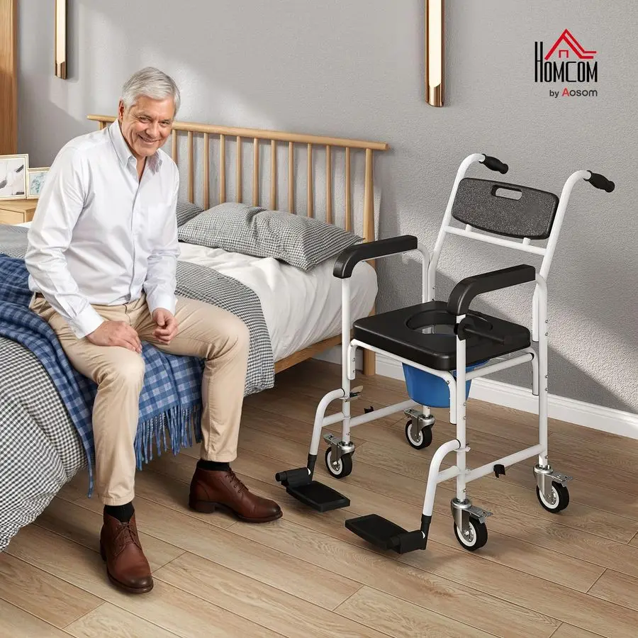 Shower Chair with Wheels 4 in 1, Bedside Commode Wheelchair with Seat, Backrest, Arms, Shower Commode Chair for Seniors, Adults,