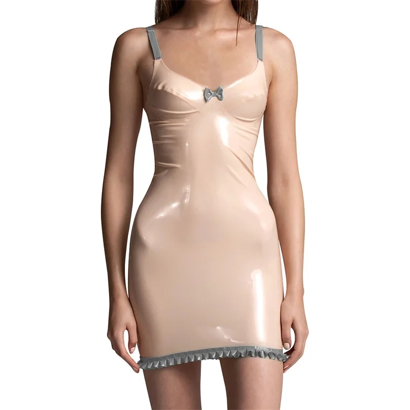 

100% Natural Latex Dresses Baby Pink with Silver Rubber Catsuit Sexy Fetish Customized for Women