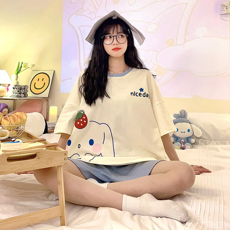

Женская летняя легкая Пижама Sanrio, милая Аниме Пижама в стиле Cinnamoroll с короткими рукавами, домашняя одежда в стиле Ins с героями мультфильмов