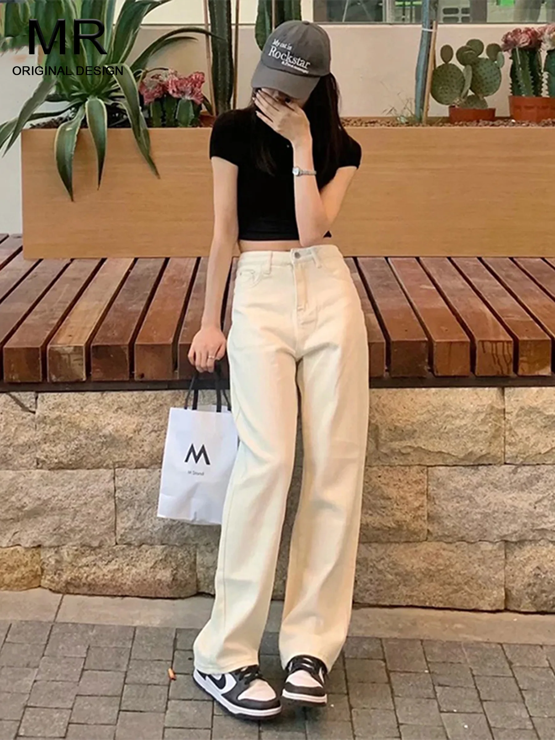 High Waist Straight Leg Jeans Women's Loose Slimming Small Size Wide Leg Pants Khaki Color Casual Style Button Craft Denim Fa...