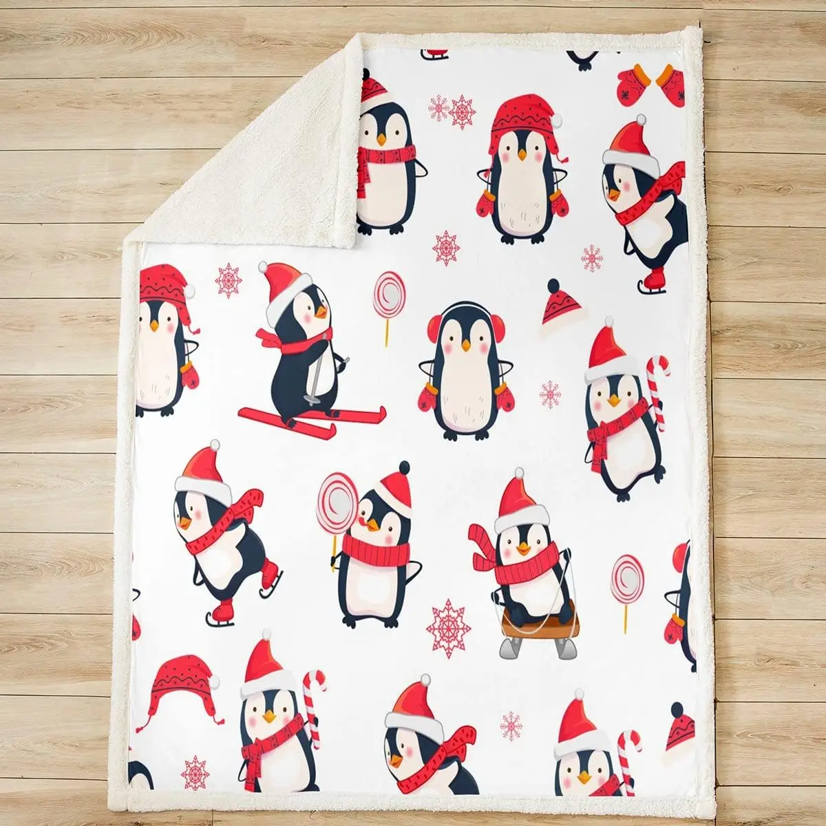 Cartoon Penguin Sherpa Blanket Funny Animal Printed Christmas Day Fleece Throw Blanket for Bed Sofa Couch Kids Room Cute