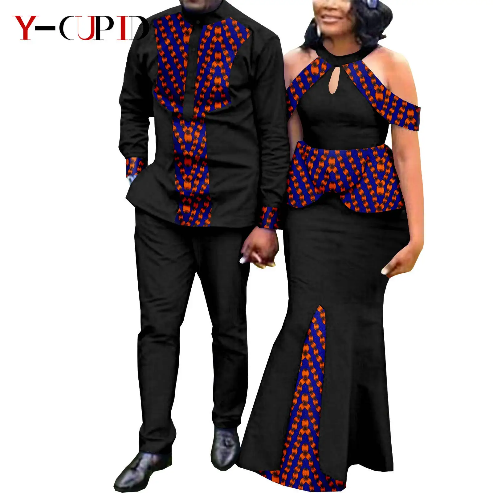 African Dresses for Women Match Bazin Lover Couple Clothes Print Mermaid Evening Dresses Men Outfits Shirt and Pant Sets Y21C024