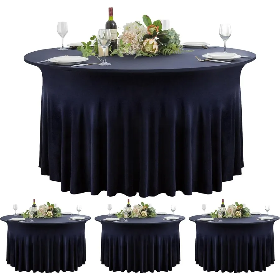 

4 Pack Navy Blue Round Spandex Tablecloth 60 Inch, Wrinkle Free Stretch 120 Inch Fitted 5ft Navy Table Cloths Round Table Covers