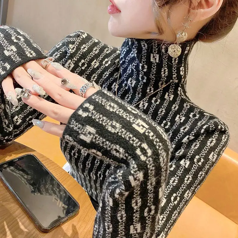 Women\'s Turtleneck Sweater Bottom Autumn and Winter Fashion Commute Printed Contrast Color Striped Long Sleeve Slim Sweater Tops