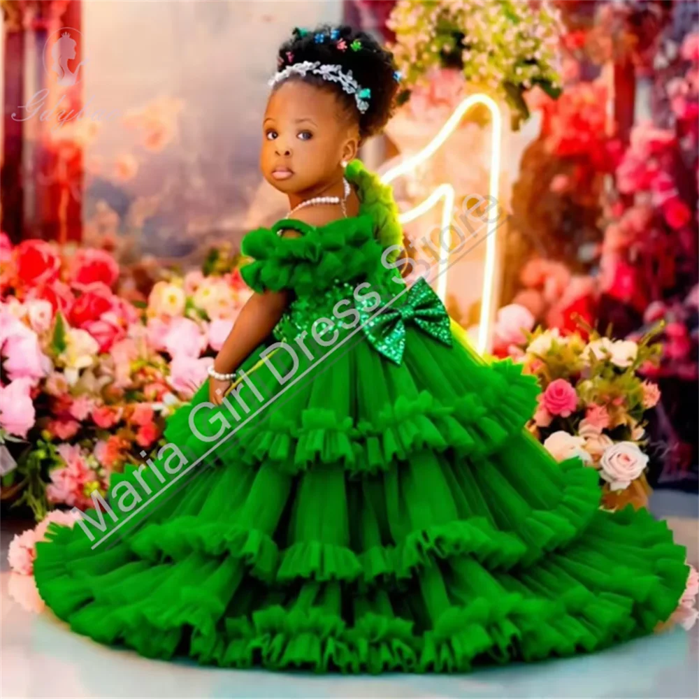 Green Sequined Cute Girls Birthday Party Dress Fluffy Flower Girl Dresses For Wedding  Kids Event Performance Photo Shoot