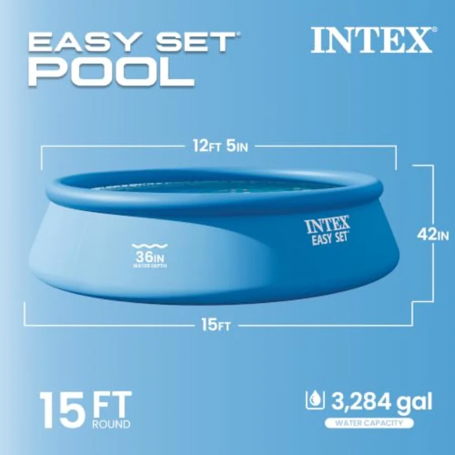 Above ground swimming pool set for backyard use, PVC material, blue color, easy setup in 15 minutes with included ladder, cover