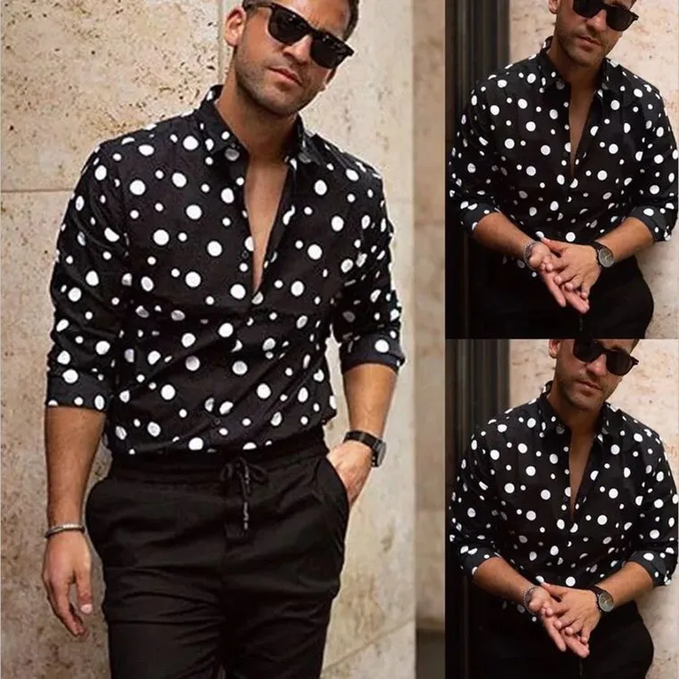 Polka Dot Long Sleeve Casual Men's Shirt Versatile Youthful Print Design Thickened Ultra Slim Fit Spring Season All Year round