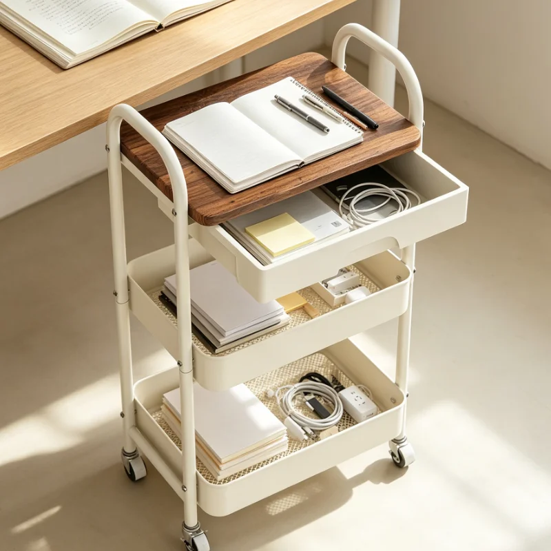 Rolling Storage Cart With Wood Top Drawer Three Tier Metal Utility Trolley For Kitchen Bedroom Living Room Organization