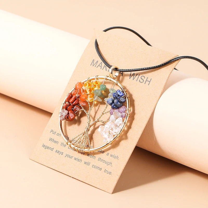Gifts Natural Tree of Life Crystal Stone Pendant Lucky Reiki Healing Seven Chakra Crystal Necklace Christmas Accessories Deco